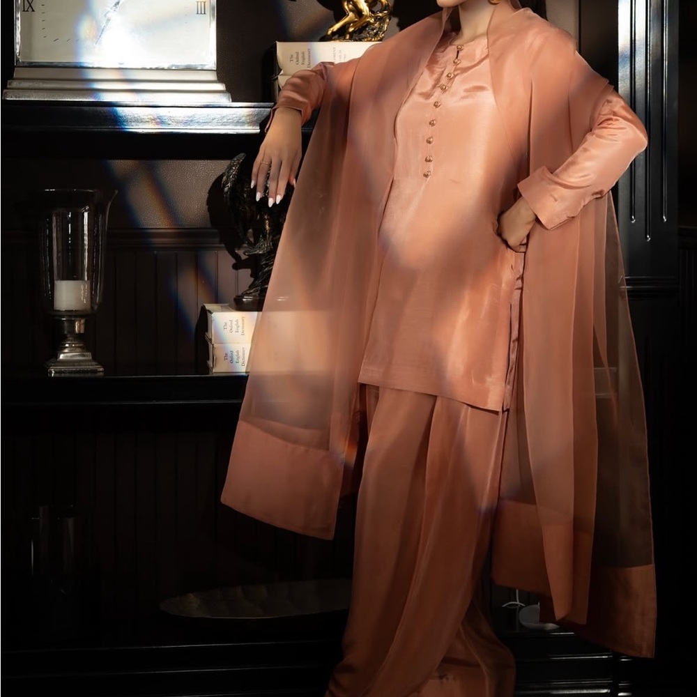 Elegant Peach Satin Outfit farshi shalwar